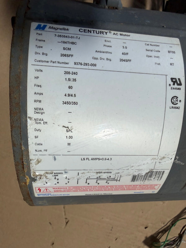 Washer Motor 208-240v P/N: 937-293-008 TJ A.O. Smith AC Motor for Dexter[Used] (Copy)