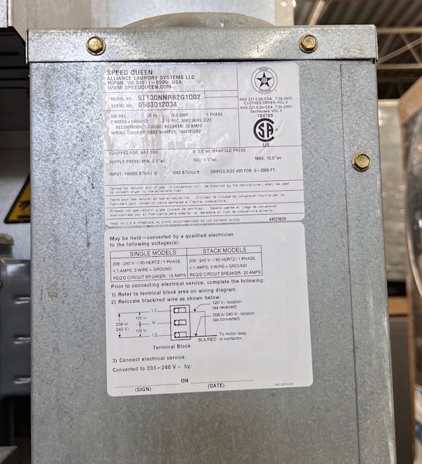 Speed Queen STT30N Stack Gas Dryer 30Lb Almond Card Re,Hotel 120V 60Hz 1Ph 2005[Used]