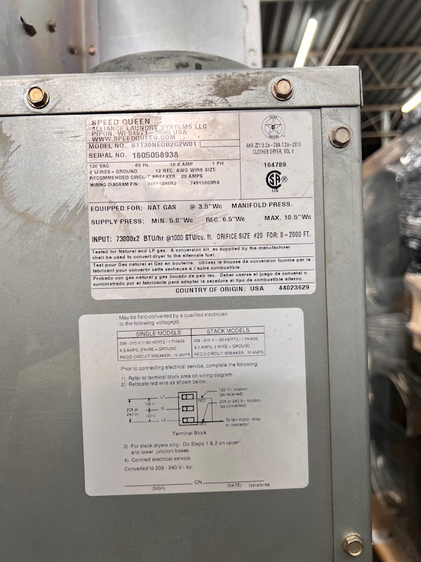 Speed Queen Stack Gas Dryer 30Lb White STT30NE0B2G2W01 120v 60Hz 1Ph OPL 2016 [Used]