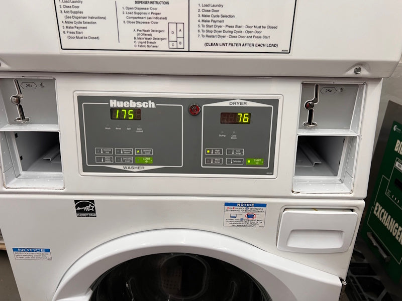 Huebsch HTGBCASP113TW01 Commercial Stack Washer / Gas Dryer 120v Coin Op[Used]