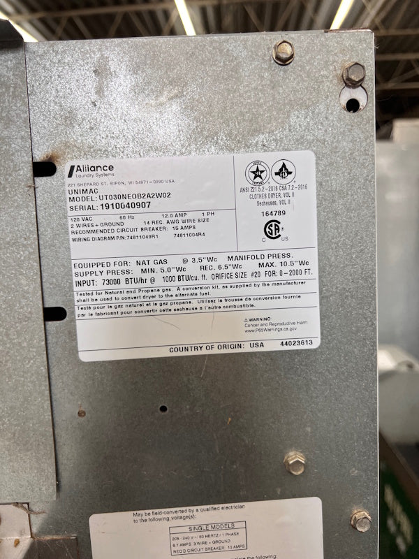 UniMac Gas Dryer OPTidry 30Lb White UT030N 120v 60Hz 1Ph 2019 [Used]