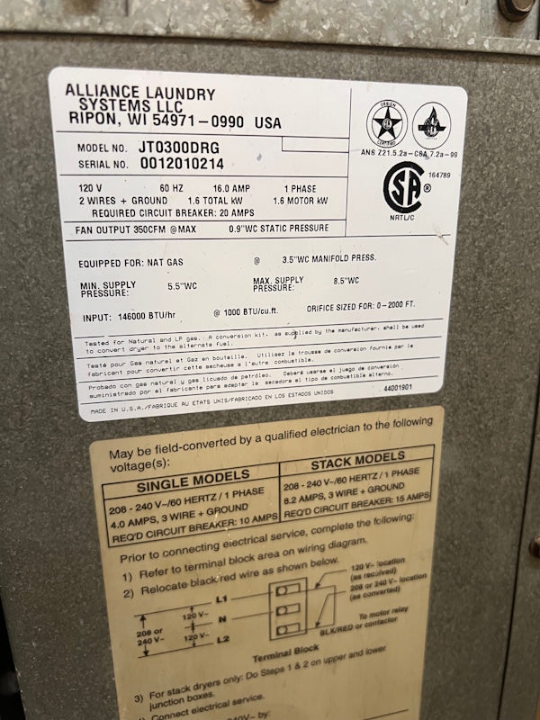 Huebsch 30Lb Stack Dryer JT0300DRG Gas 120V 60Hz White Coin Operated [Used]
