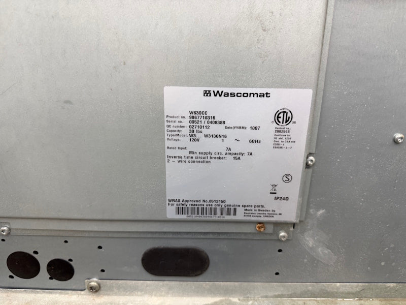 Wascomat W630 Front Load Washer 30Lb 120V 60Hz 1Ph OPL Hotel Coin Op 2010[Used]