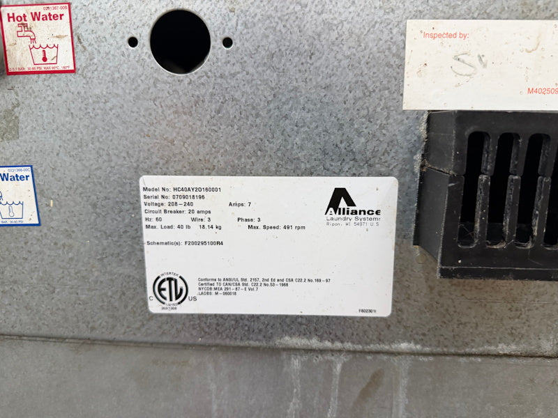 Huebsch HC40A Front Load Washer 40Lb 208-240V 60Hz 3Ph Coin Op 2007 [Used]