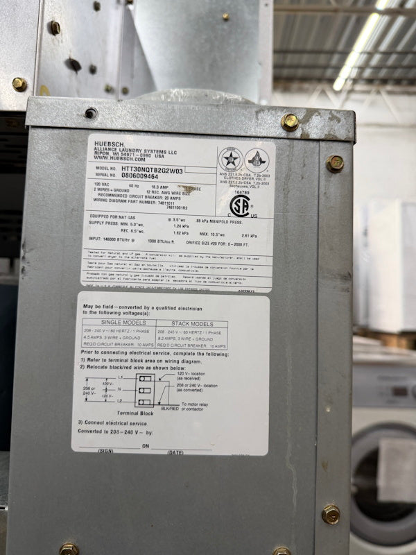 Huebsch 30Lb Stack Gas Dryer HTT30NQ 120V 60Hz White OPL 2008 [Used]
