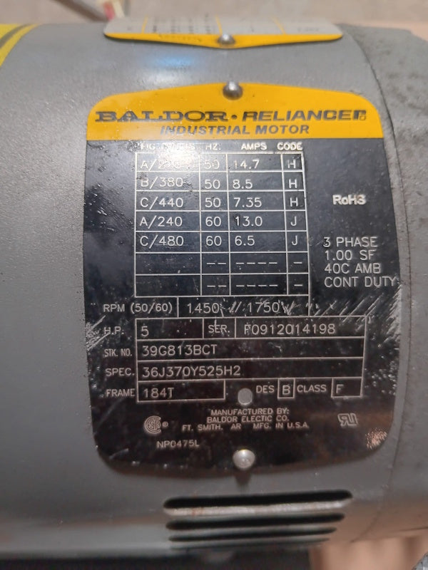 Milnor Washer Motor 39G813BCT- 5Hp 4P 220/380/480/5 6 Top [Used]