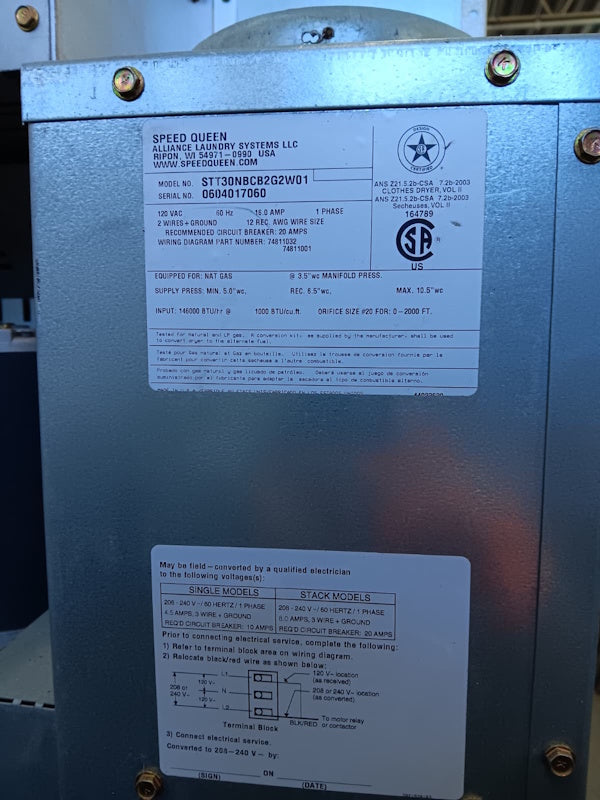 Speed Queen 30Lb Stack Gas Dryer STT30N 120V 60Hz 1Ph White Coin Operated [Used]