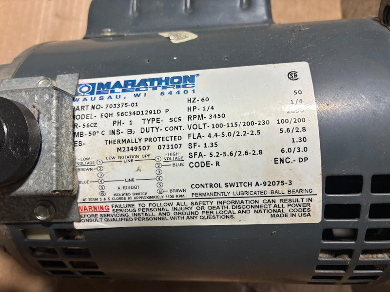 Dryer Motor 100-115v/200-230v 60Hz 1PH 1/4PH SQ Hiebsch P/N: 703375-01 [Used]