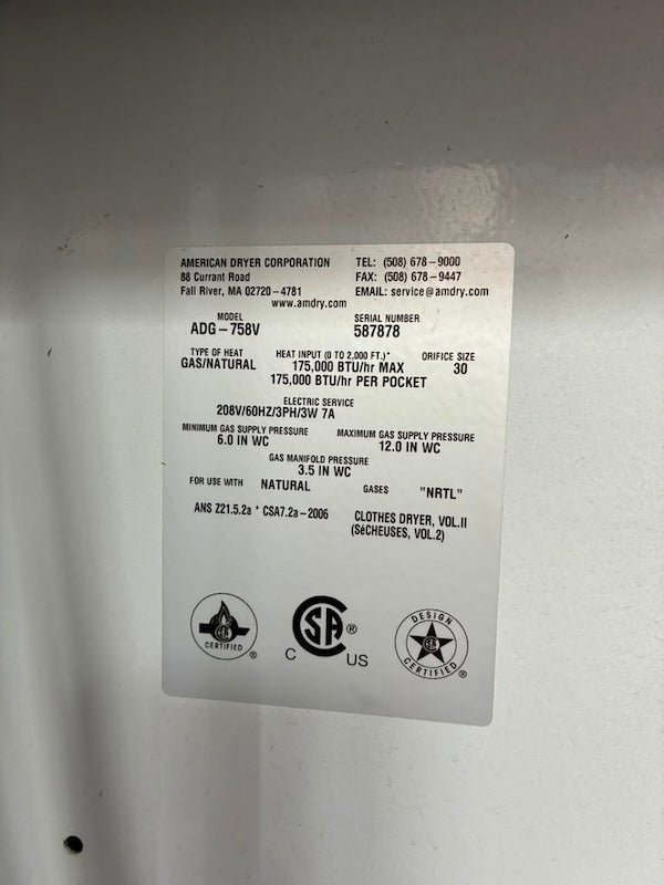 ADC 75lb ADG-758V Gas Dryer White 208v 60Hz 3PH OPL Hotel Dryer Clean [Used]