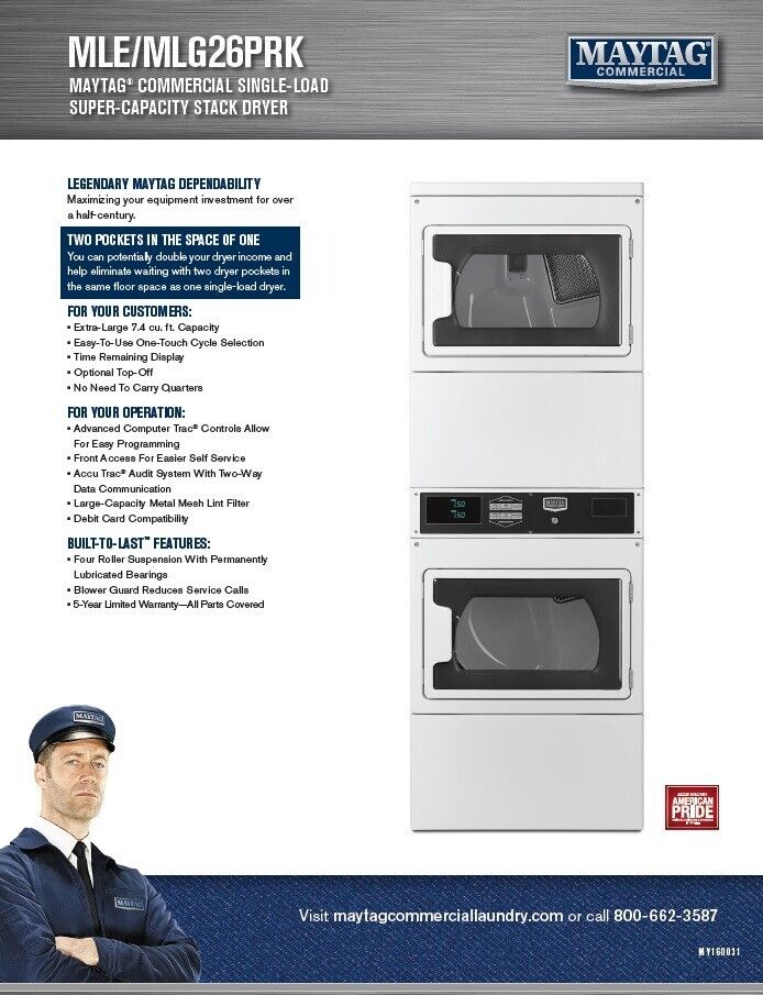Maytag MLG26PRKWW Commercial Stacked Gas Dryer 7.4cu ft. Card Re [Open Box]